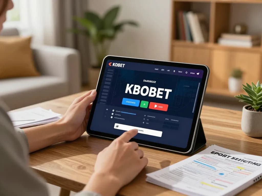 편안한 거실 환경에서 태블릿으로 설정된 KBOBET 스포츠 베팅 게임.