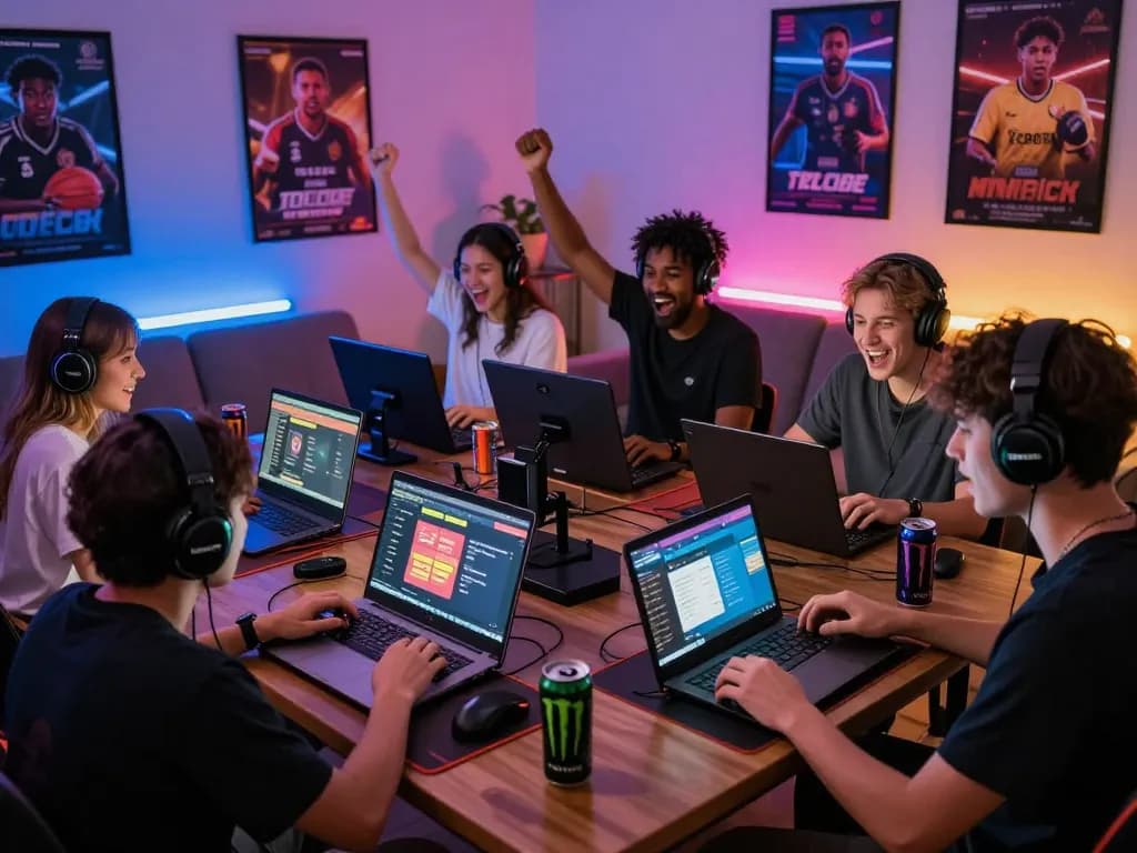 Excited gamers engaging with TG88 online betting platform in a vibrant home setting.