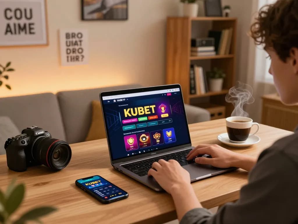 KUBET online gaming session with a cozy home setup, displaying casino interface on laptop and KUBET app on smartphone.