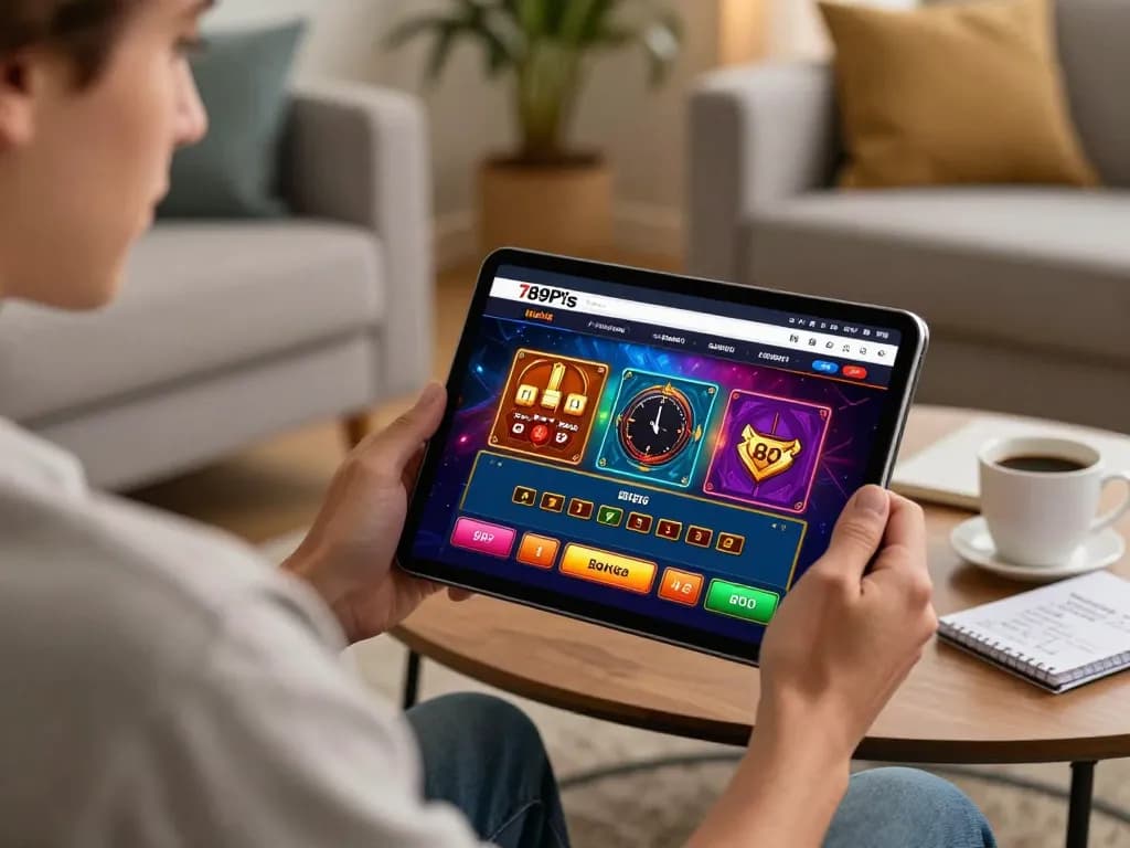 Player using 789P to engage in online casino gaming from home, showcasing interactive interface and cozy atmosphere.