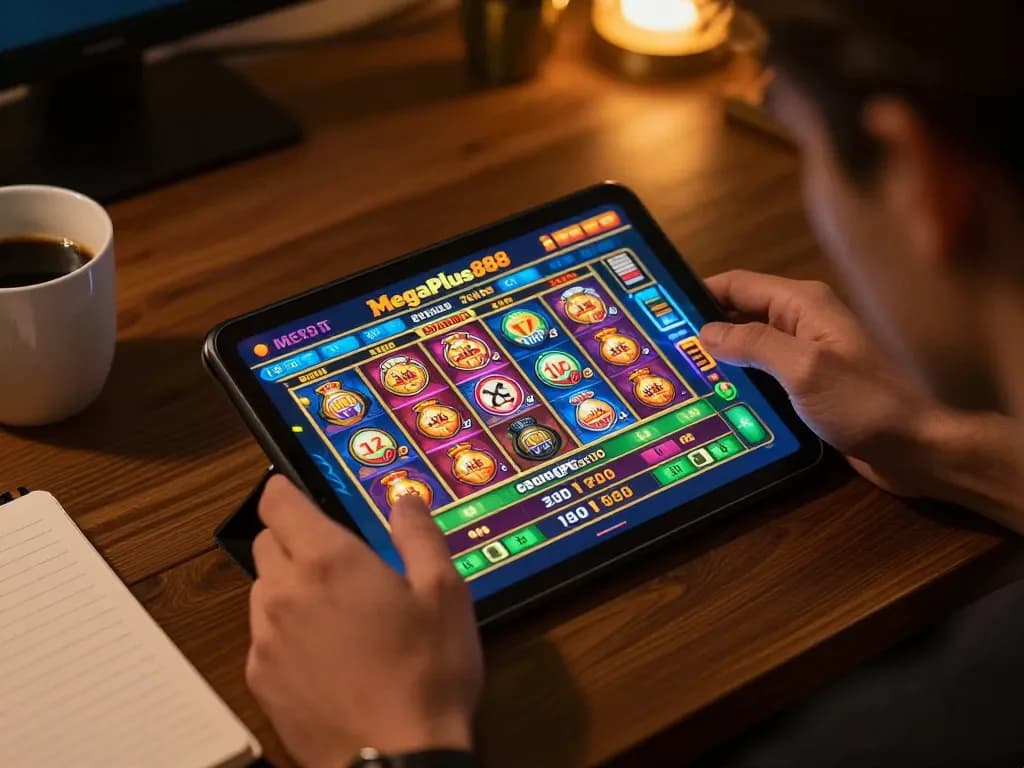 Engaging online gambling at megaplus88 showing a player with a tablet and coffee.