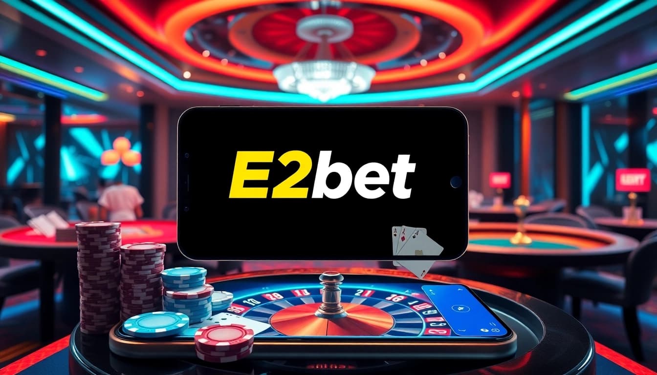 E2bet online gambling scene featuring a vibrant casino atmosphere with poker chips and roulette wheels.