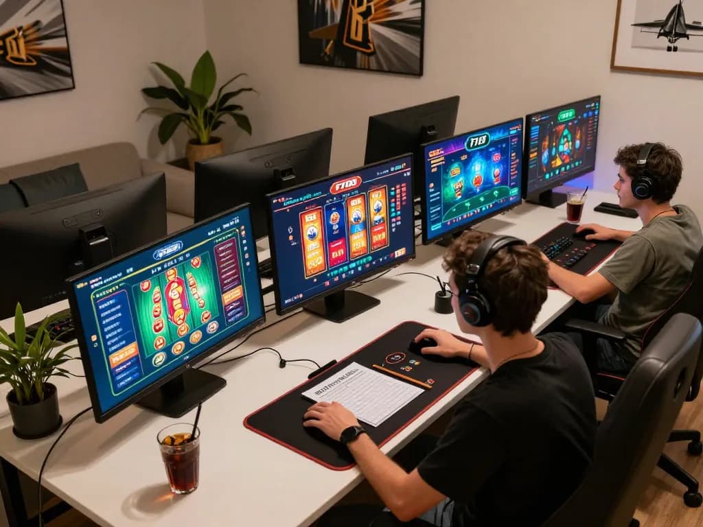 Person engaged in F168 online casino gameplay, showcasing a modern gaming setup with multiple monitors and notes
