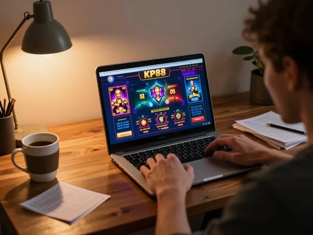 Player engaging with KP88 online casino game interface at home, showcasing a blend of strategy and excitement