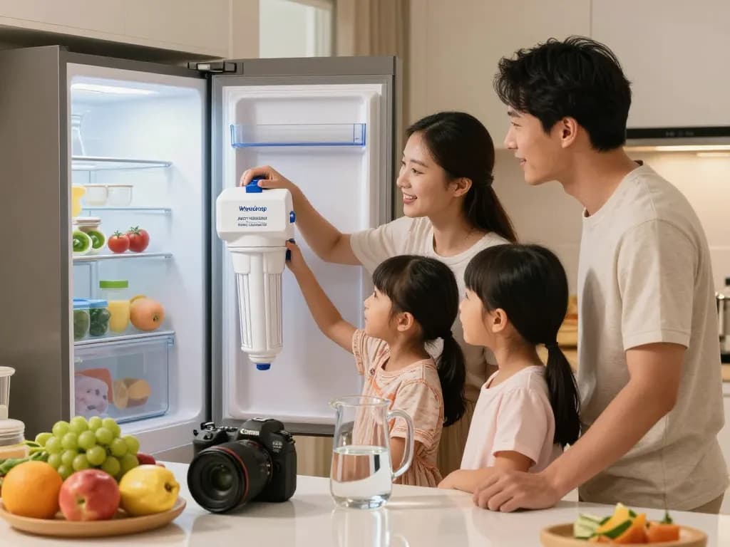 Family using the Waterdrop ADQ73613401 Refrigerator Water Filter in a warm kitchen setting for clean drinking water.