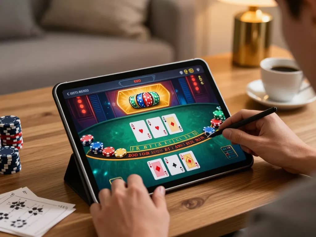 Player enjoying GEMWIN blackjack on a tablet in a stylish home context, showcasing strategic gameplay