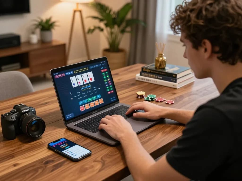 Player engaged in tt88 online poker game at home, showcasing strategy and excitement in personal gaming environment.