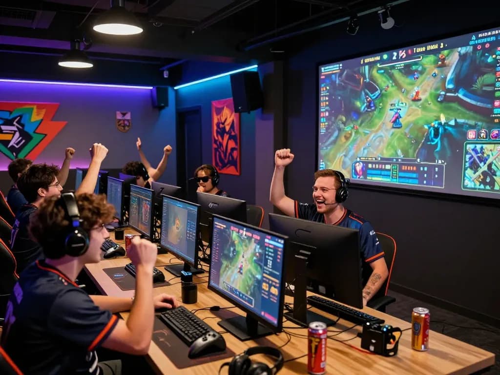 Dota 2 betting excitement in a modern esports lounge with gamers celebrating a live match.