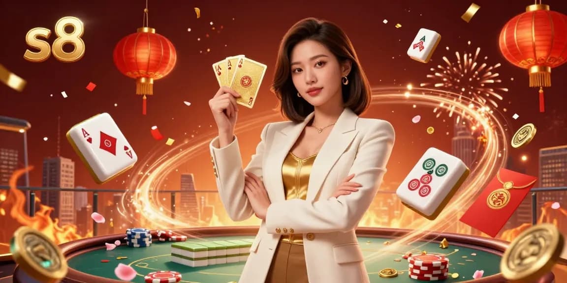 Experience thrilling gameplay at s8 with an elegant Asian woman showcasing powerful energy in a lively casino scene.