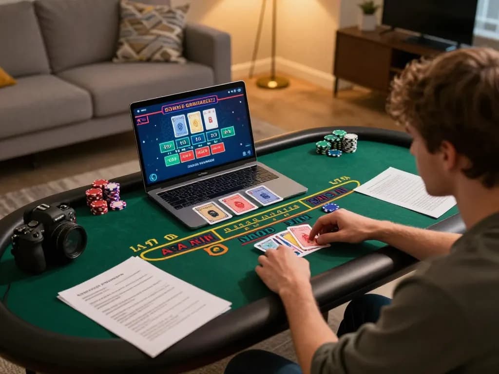 Play lc88 game by engaging in a live dealer baccarat session on a laptop in a cozy setting.