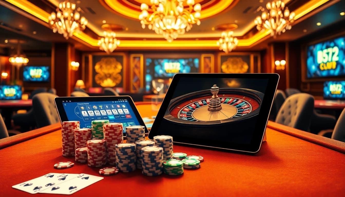 B52 CLUB players enjoying an exciting game at a vibrant casino table with colorful chips and cards.