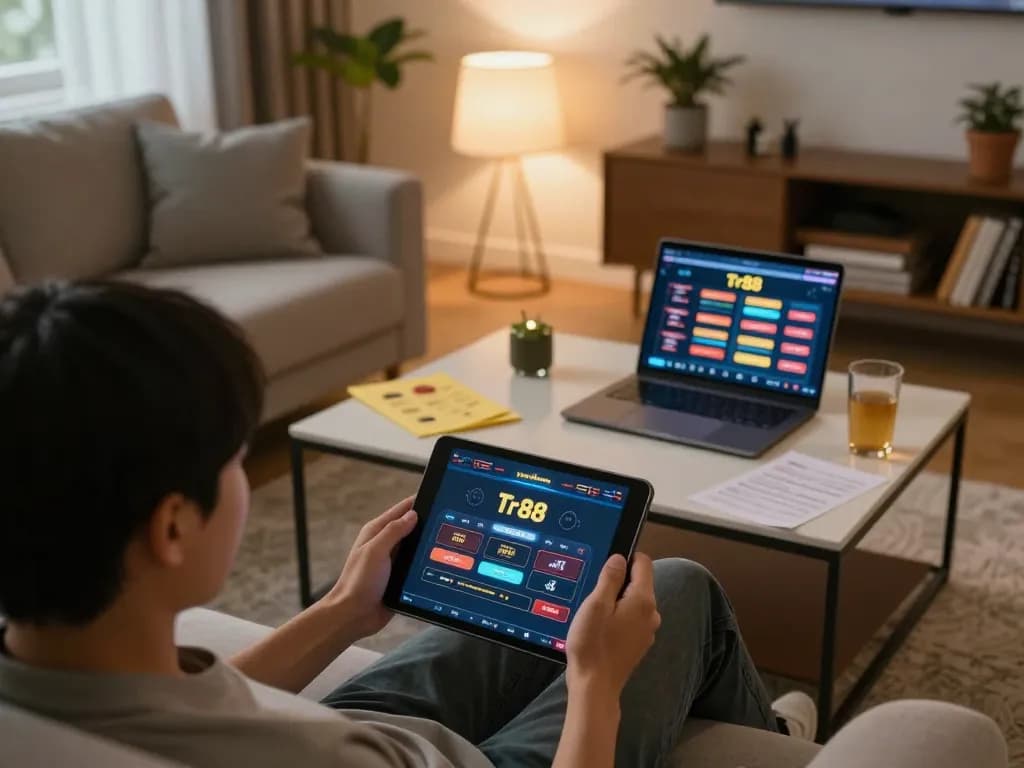 Engaging with Tr88 đăng nhập on a tablet in a cozy home setting while enjoying online casino gaming.