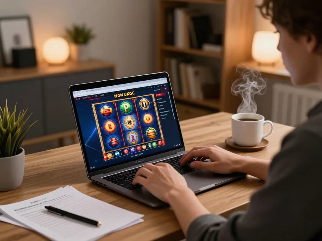 Engaging in non ukgc casinos gaming strategy at home with a laptop and notes.