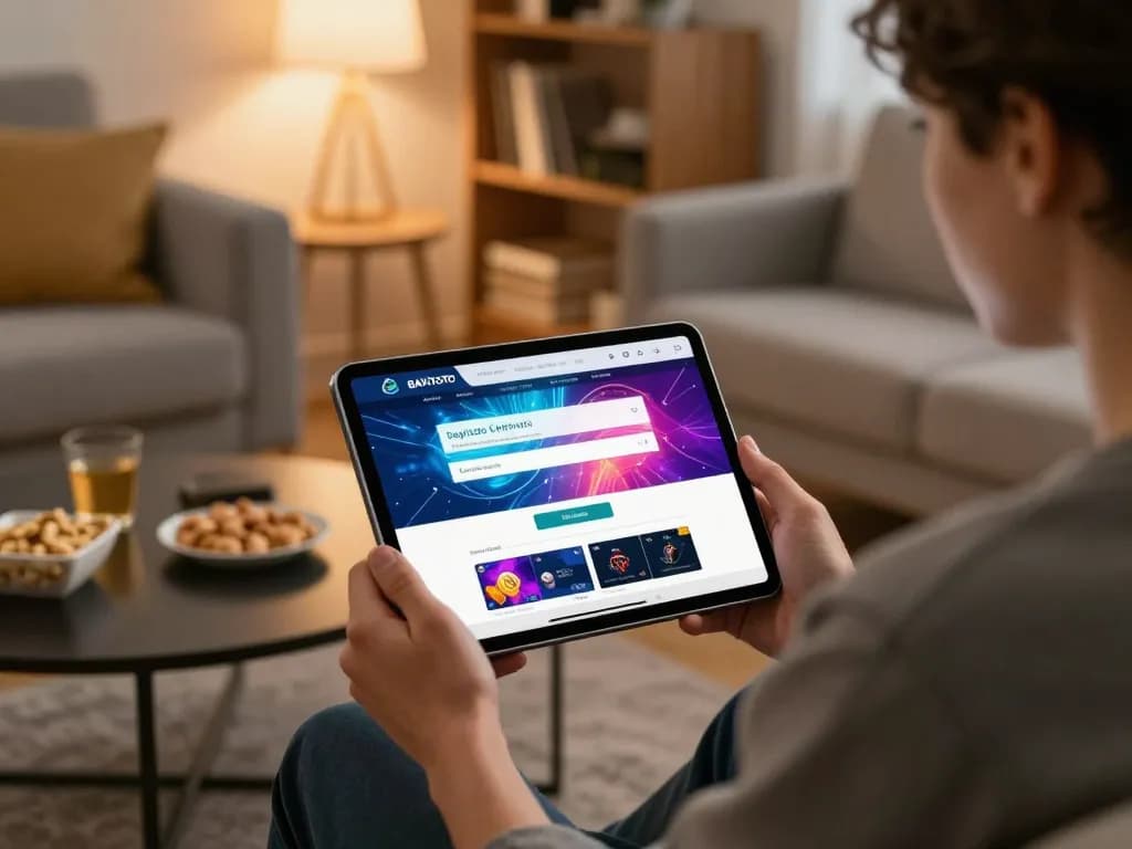 Berinteraksi dengan bayitoto login di tablet dalam lingkungan rumah yang nyaman, menampilkan permainan strategis.