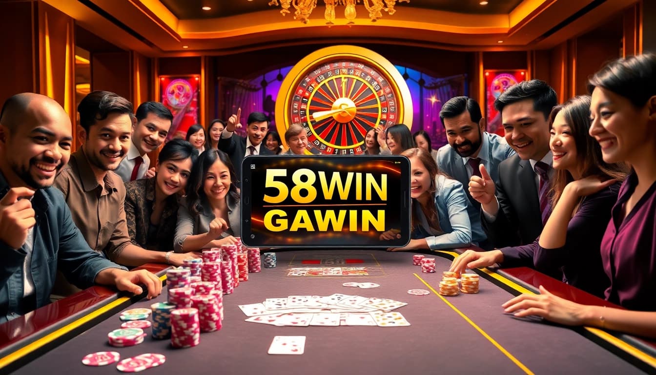 Exciting players enjoying the 58WIN Game at a luxurious casino table with vibrant poker chips.