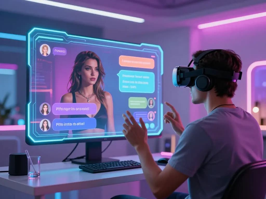 Engaging porn AI chat scene with user in VR headset interacting with animated character in a modern tech setting.
