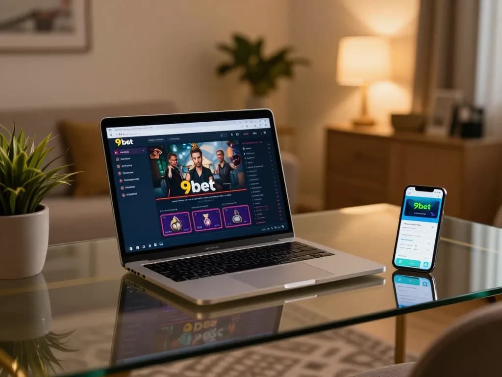 Player engaging with 9bet online casino on a laptop in a cozy home setting.
