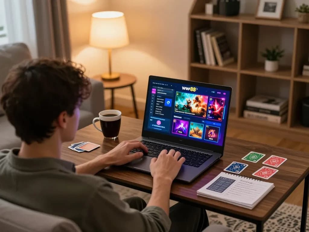 Player engaged in online gaming at ww88, showcasing vibrant game interface and cozy atmosphere