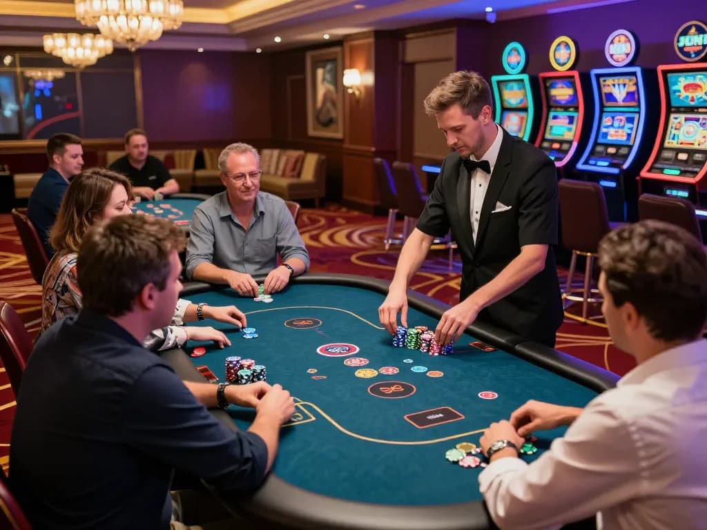 Players engaging at JUN88 poker tables with vibrant ambiance and chips in action