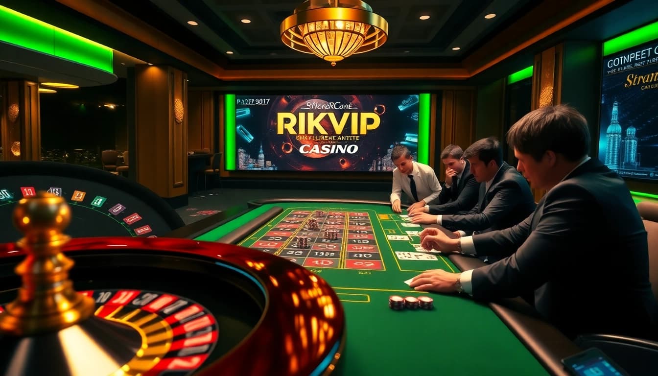 Rikvip players engaging with vibrant online roulette and poker games in a luxurious virtual casino setting.