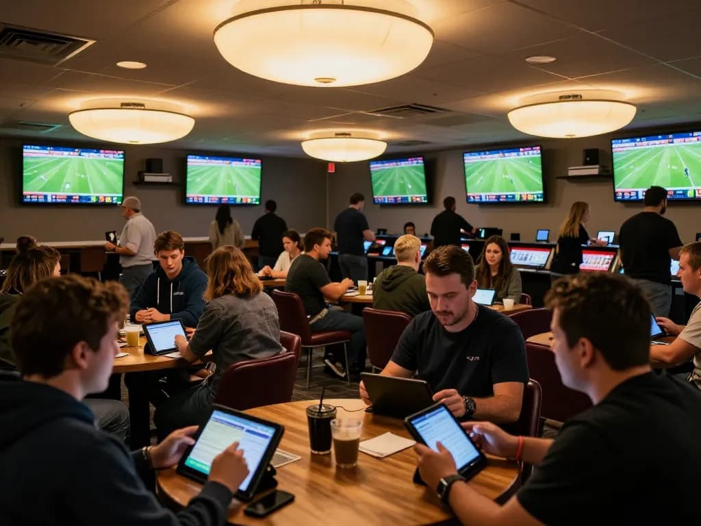 Fans engaging in live betting on football matches, showcasing tỷ lệ bóng đá nhà cái in a vibrant sports lounge.