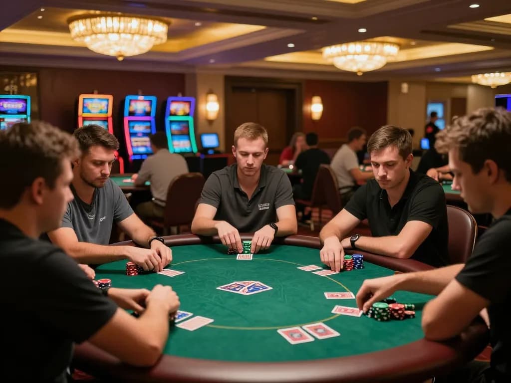 Pemain di meja poker menekankan strategi dan fokus, menampilkan seniman komik dalam pendekatan permainan mereka.