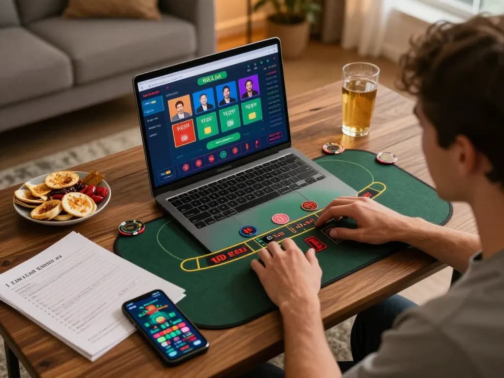 Engaging home scene of a player using lc88 for live blackjack, showing dynamic gameplay and strategic setup