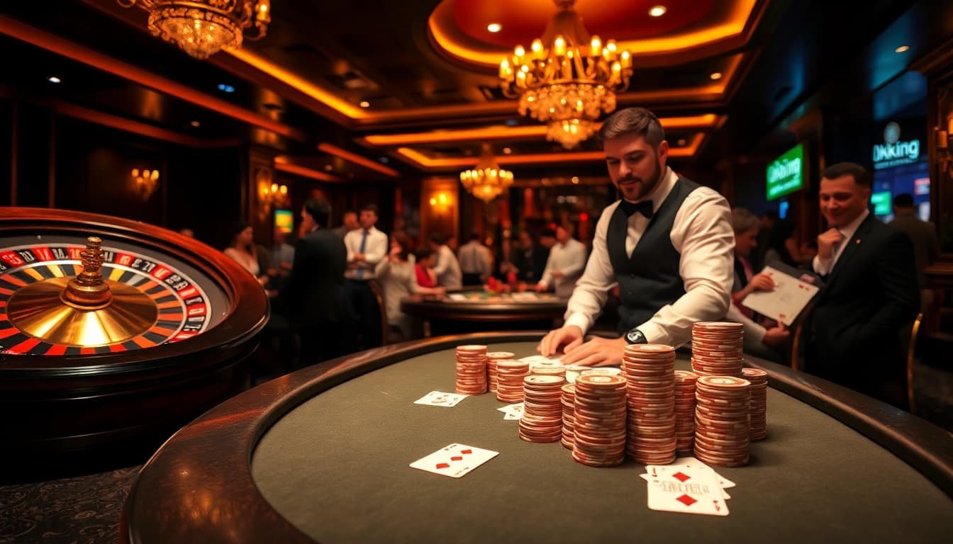 Engage in strategy and excitement at the Okking casino poker table with vibrant chips and cards.