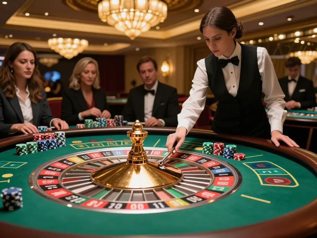 Experience luxury gaming at https://c168marketing.com/ with an elegant roulette table surrounded by eager players.