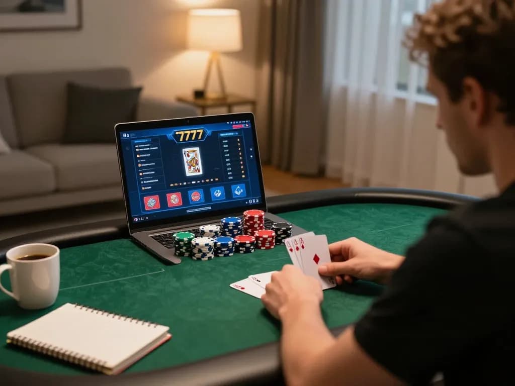 Pemain menganalisis kartu sambil bertaruh pada poker online king777, suasana rumah yang nyaman dengan elemen permainan strategis.