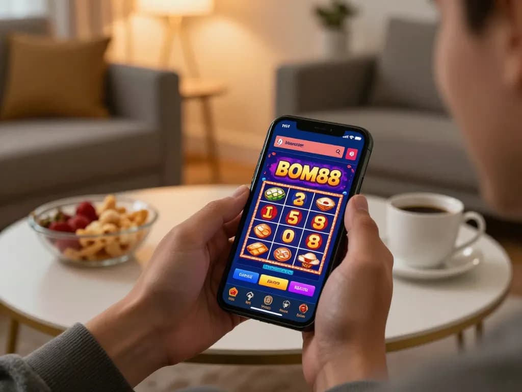 Aplikasi permainan mobile BOM88 sedang beraksi dengan seorang pemain yang menikmati permainan kasino secara bertanggung jawab di rumah.