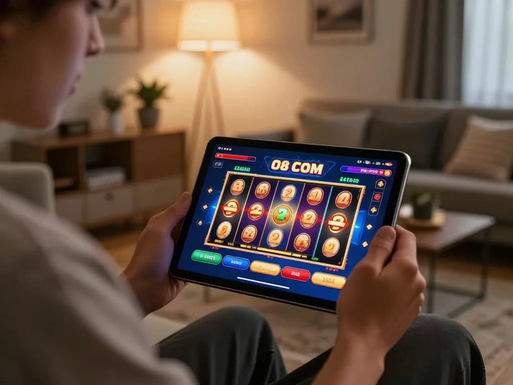 Engaging online gaming session using the O8 COM app, showcasing a colorful slot game in a cozy living room setup.