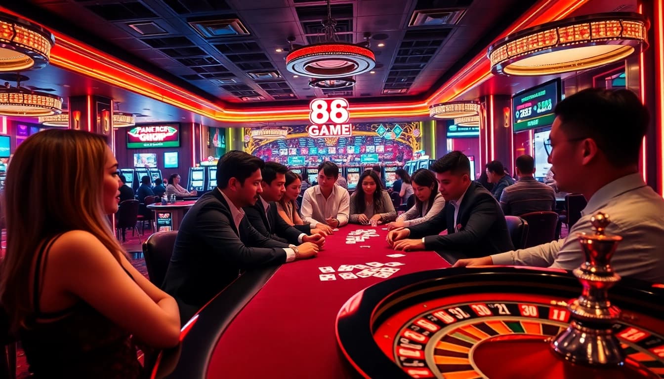 Action-packed poker game at 68 Game Bài casino with vibrant atmosphere and excited players.