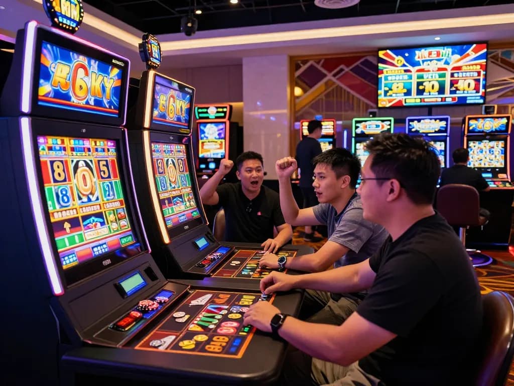 Excited players at a vibrant casino enjoying the Lucky 88 game at https://lucky88.tips/, celebrating wins in a lively gaming atmosphere.