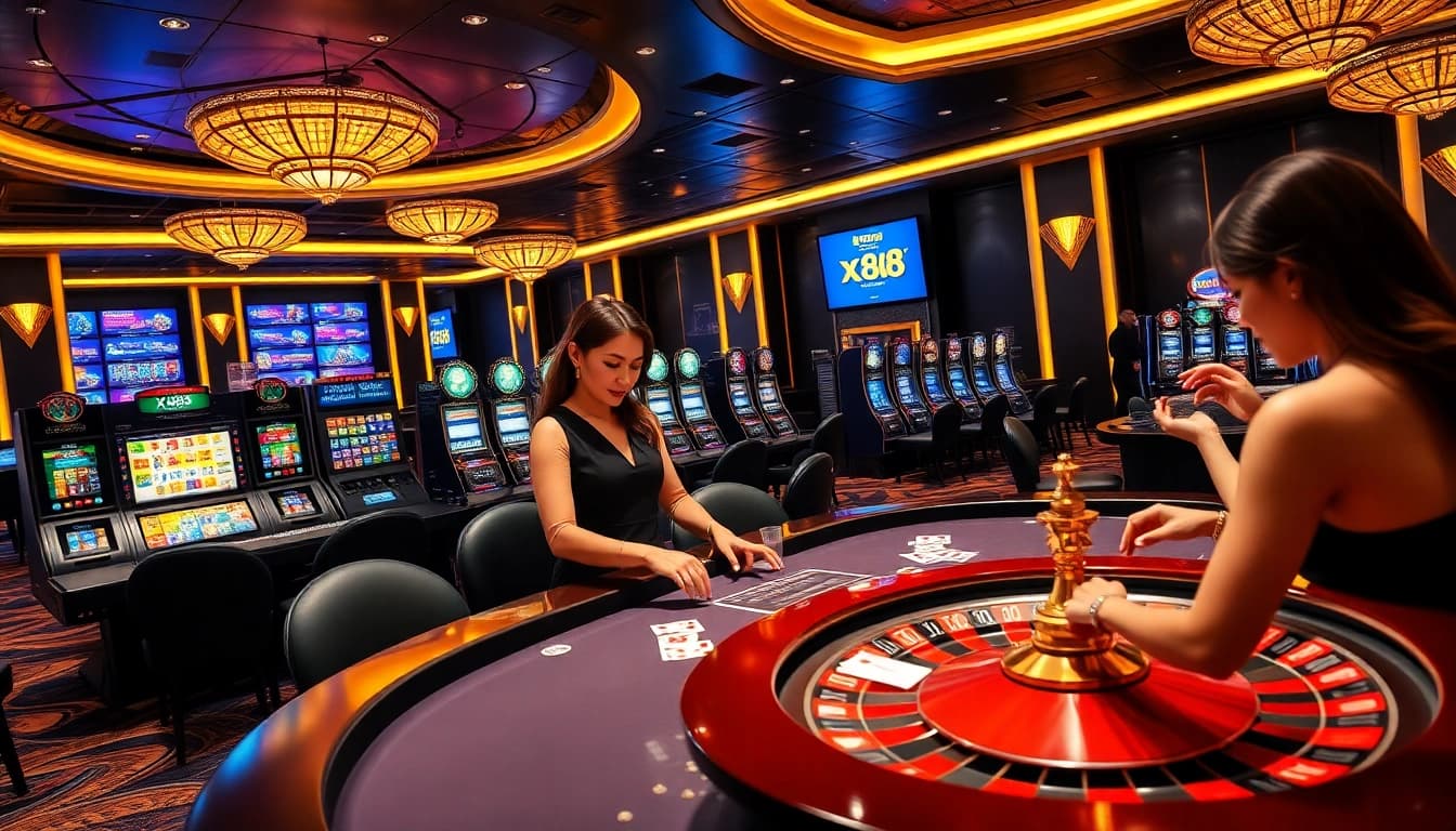 Experience the thrill of gambling at xx88 with vibrant casino tables and engaging dealers.