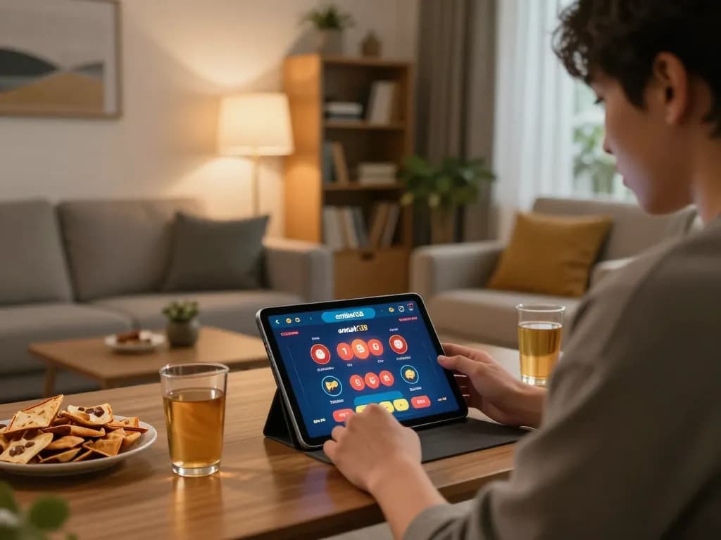 Bermain ombak138 di tablet di rumah, menampilkan suasana aplikasi permainan modern dan kesenangan sosial.