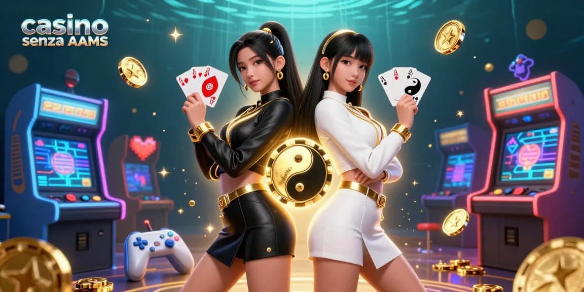 Scopri l'emozione del casino senza AAMS con due donne che tengono carte tra elementi di gioco vibranti ed effetti dorati.