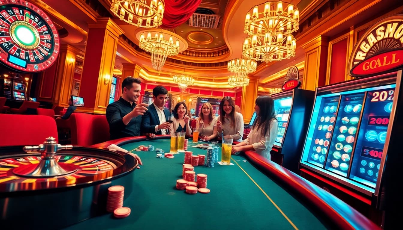 Players celebrating a win at Goal123 casino with poker tables and slot machines.