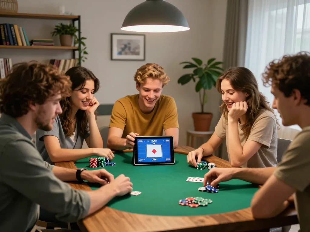 Friends enjoying online poker while gathering at home with excitement at nhà cái 88aa