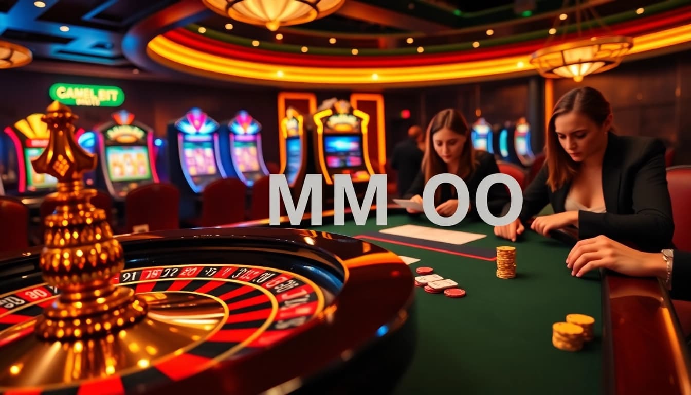 Players enjoying an exciting game at MM OO casino with vibrant roulette wheel and poker table.