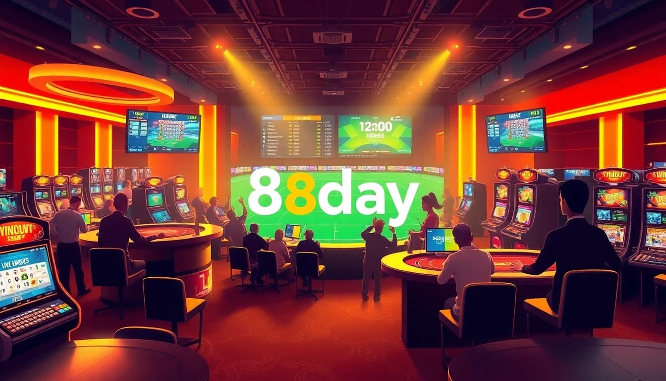 8day vibrant gaming environment showcasing exciting slot machines and live dealers