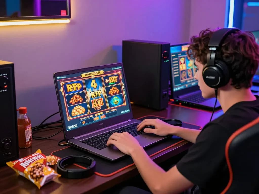 User immersed in online gaming on zeus138 platform, surrounded by gaming accessories, vibrant atmosphere.