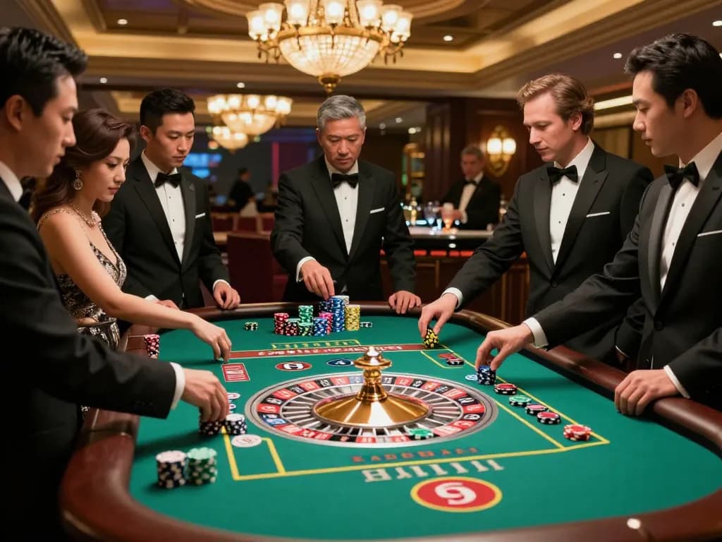 Exciting atmosphere at a credit card casino with players gathered around a roulette table, anticipation visible in their expressions.