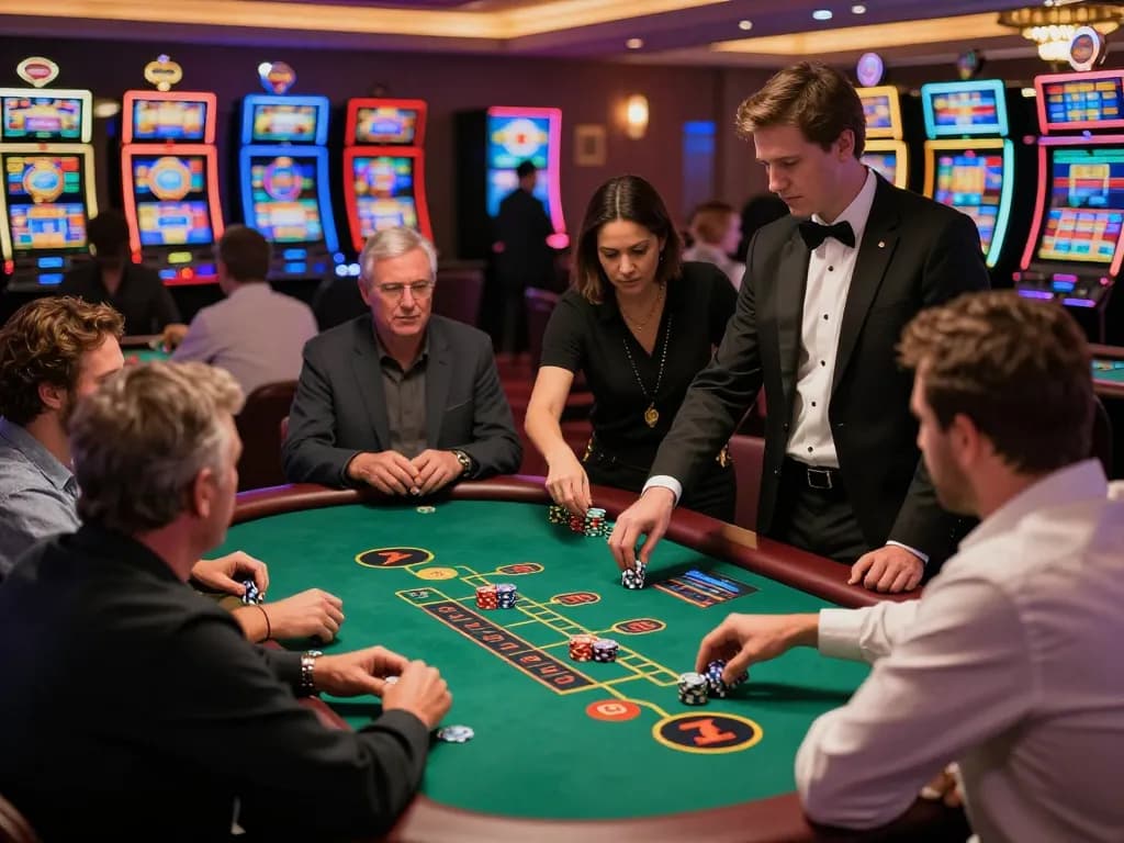 Casino players strategizing and placing bets at a vibrant blackjack table.