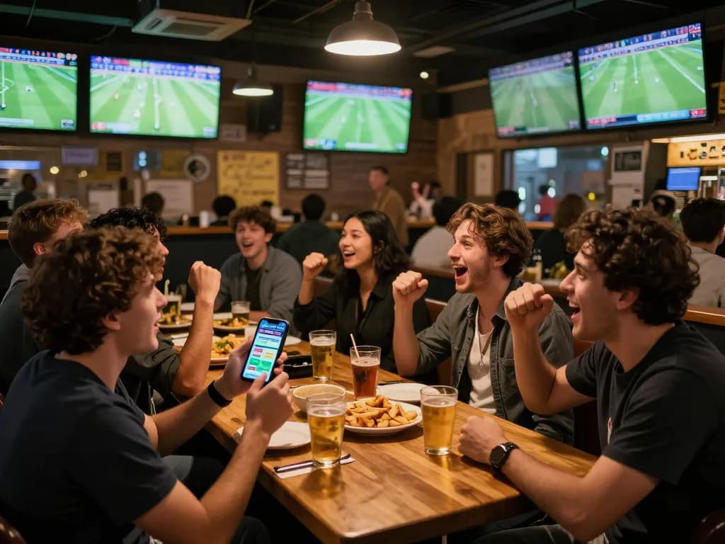 Cakhia TV interface displayed on smartphone while fans enjoy live sports in a lively atmosphere