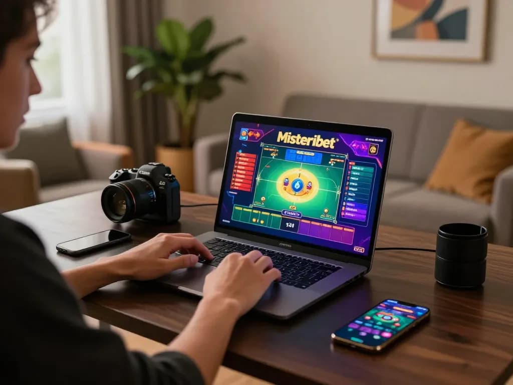 Player engaging with Misteribet on almlive laptop in a cozy home gaming setup.