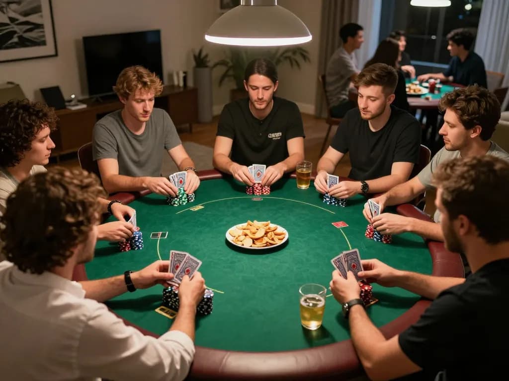 Players enjoying an intense poker game at Jogoluck, showcasing the excitement of social gambling with friends.