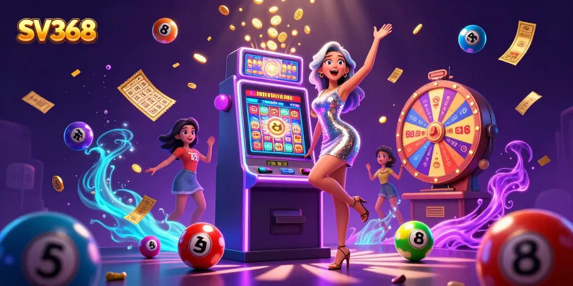 Spin the SV368 slot machine with a glamorous woman celebrating a jackpot win amidst colorful casino elements.
