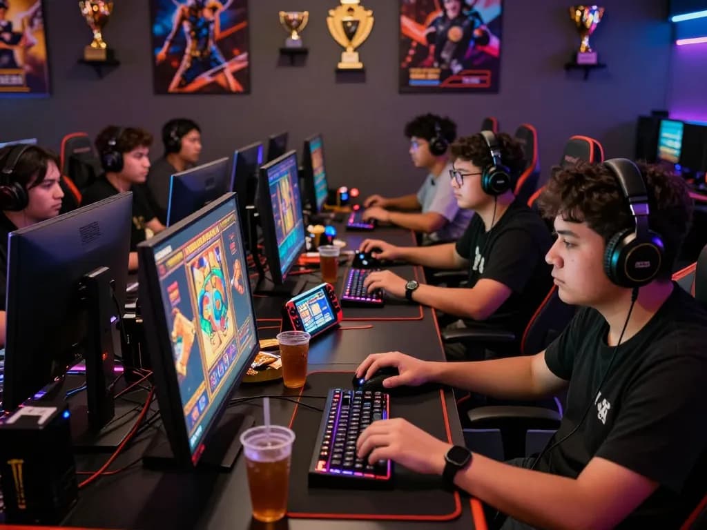 Engaged gamers focusing on link gacor slots in a vibrant gaming environment with personalized gear.