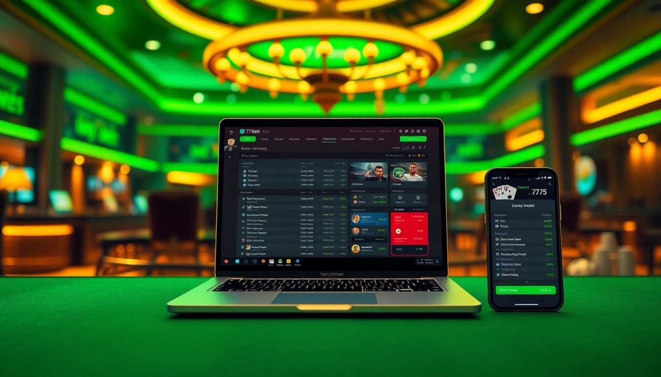 77bet online betting platform displayed on modern devices in a luxurious casino atmosphere.
